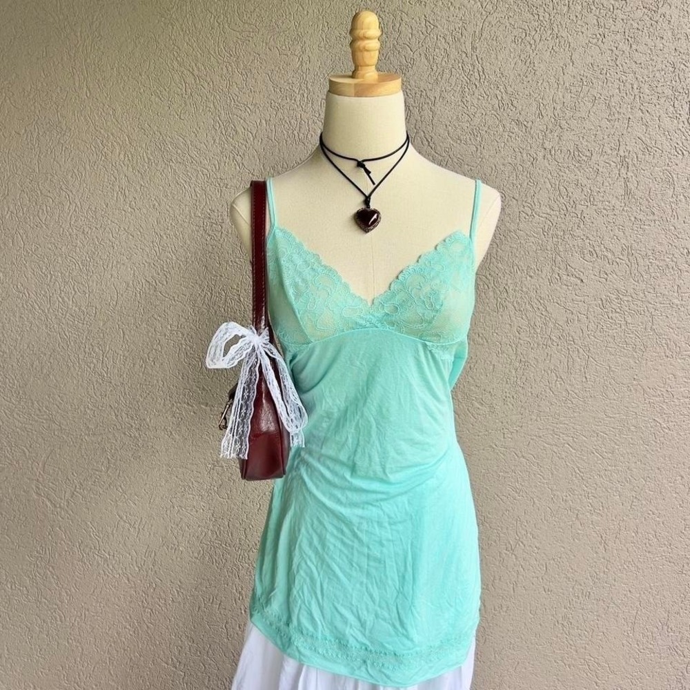 Vintage Y2K Victoria's Secret Aqua Blue Lace Cami Tank Top Lingerie Size Small